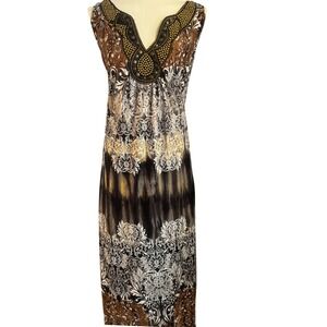 Maxi Dress Beaded V-Neck Damask Print Sleeveless Women 0X 14/16W Comfy Boho Glam